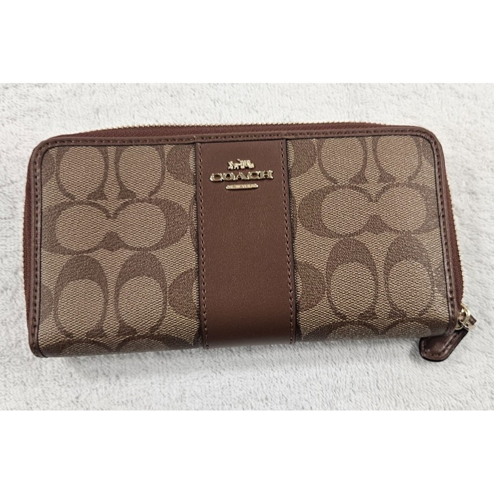 COACH Brown Line Signature Logo Long Wallet Round Zip